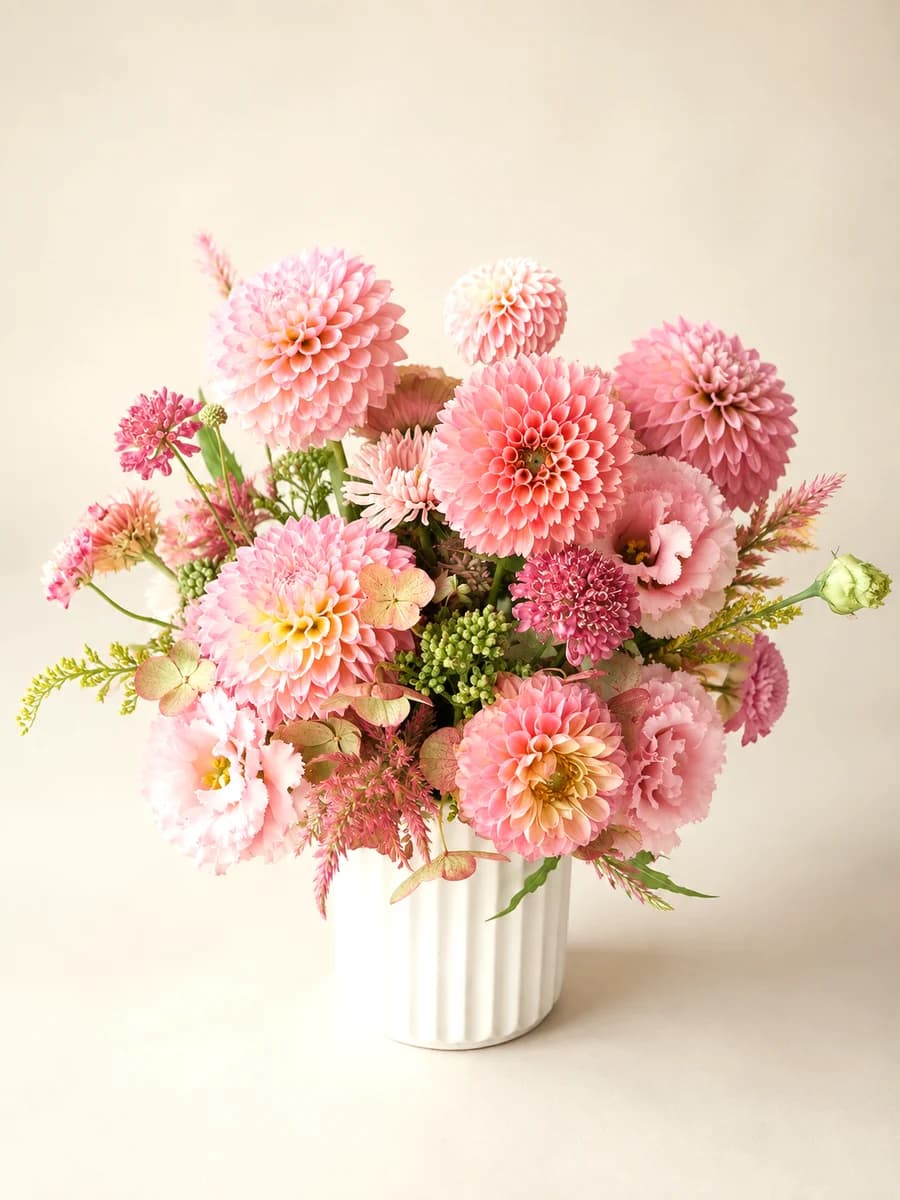 The Coralie - soft pink and coral dahlia arrangement with blush lisianthus in a white ceramic vase