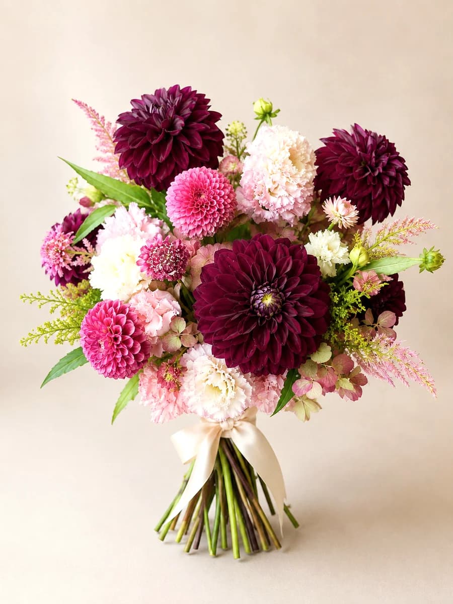 The Mirabel - hand-tied bouquet of burgundy and pink dahlias with blush carnations and astilbe, tied with satin ribbon